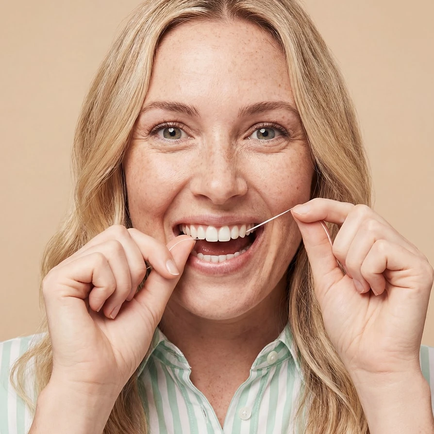 Frau mit Zahnseide